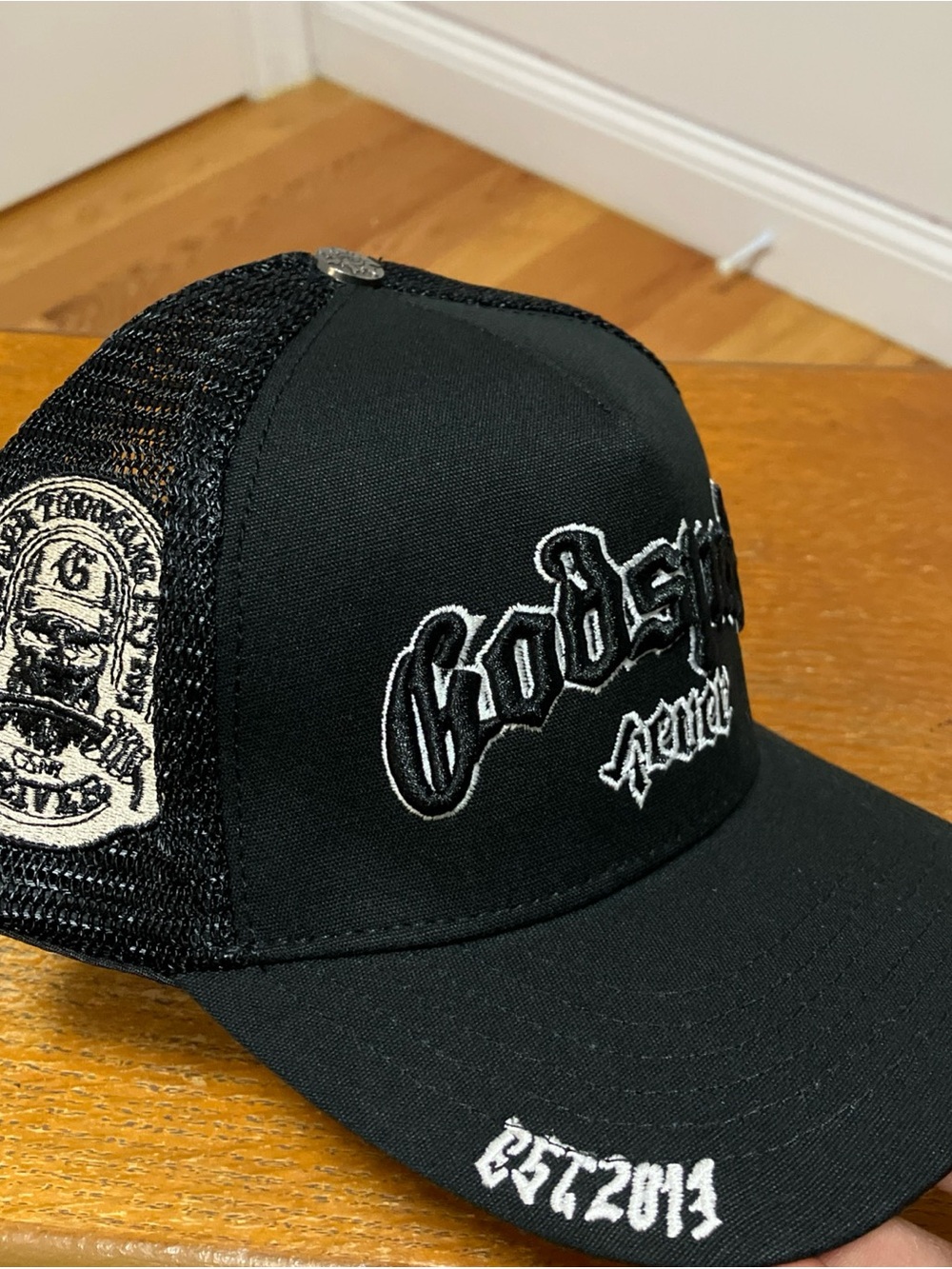 Black Mesh Trucker Hat with White Embroidery